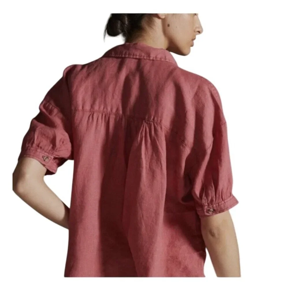 PILCRO Anthropologie Size M 100% Linen Surf Button Down Short Sleeve Shirt Pink - Picture 2 of 13